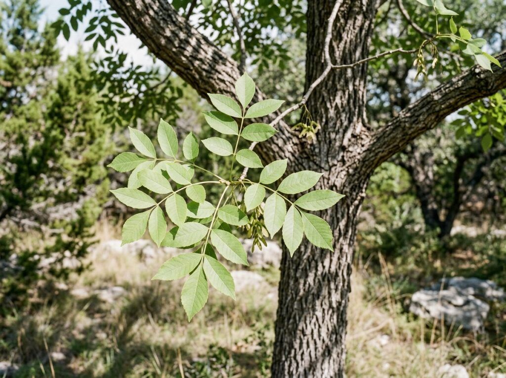 Texas Ash tree with dense green foliage in a black nursery container on a white background