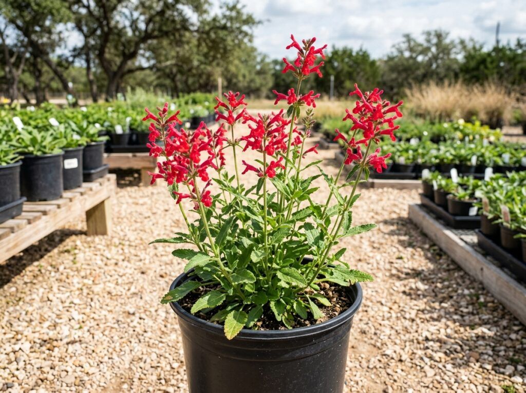 Texas Betony perennial in a black nursery pot with purple-pink flower spikes and green leaves.