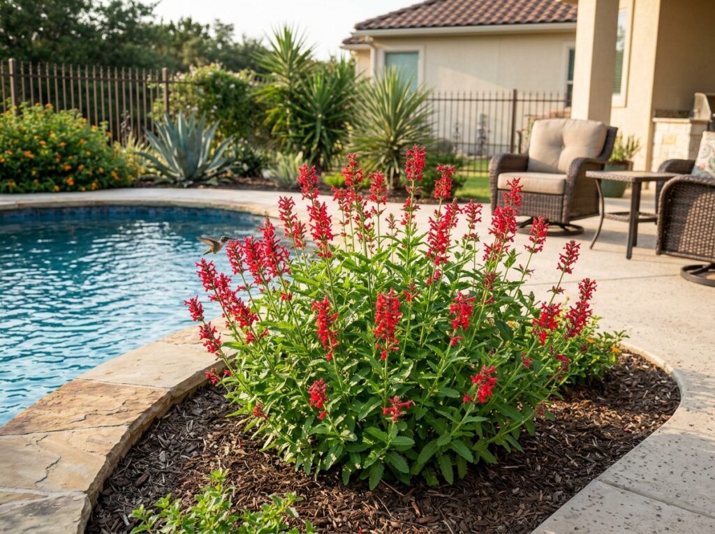 Texas Betony perennial in a container, showing upright green foliage and purple flower spikes in bloom.