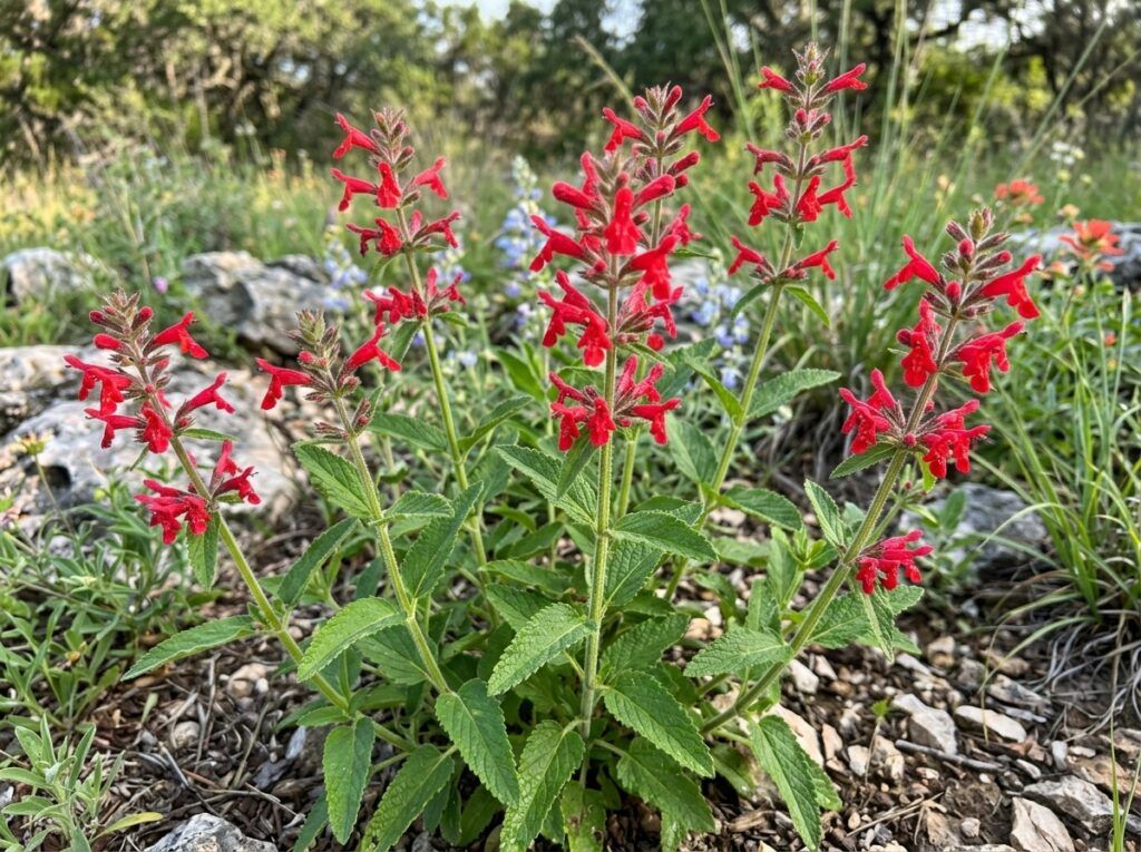 Texas Betony perennial in a black nursery pot with green foliage and purple flower spikes.