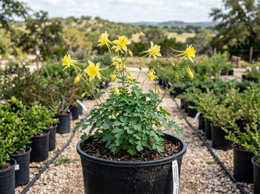 Texas Columbine perennial with delicate green foliage and red-and-yellow nodding flowers in bloom.