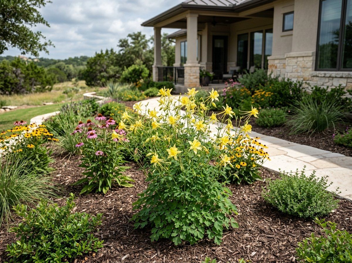 Texas Columbine perennial with red and yellow nodding flowers and delicate green foliage in a garden bed.