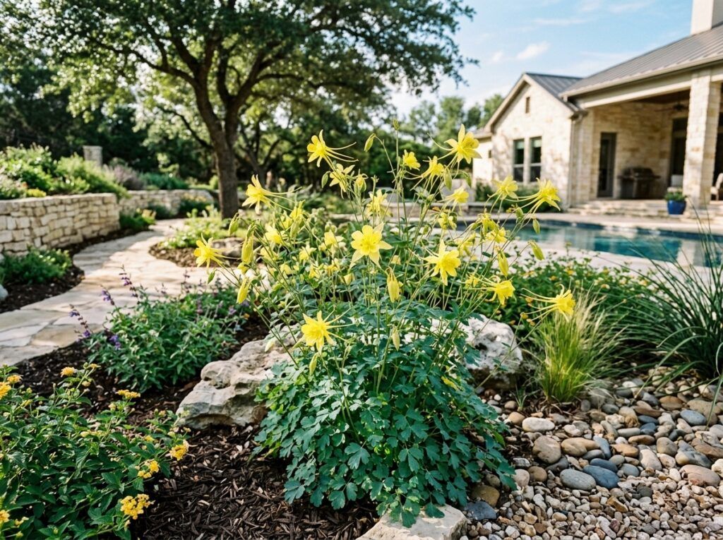 Texas Columbine perennial with red and yellow nodding flowers and delicate green foliage in bloom.