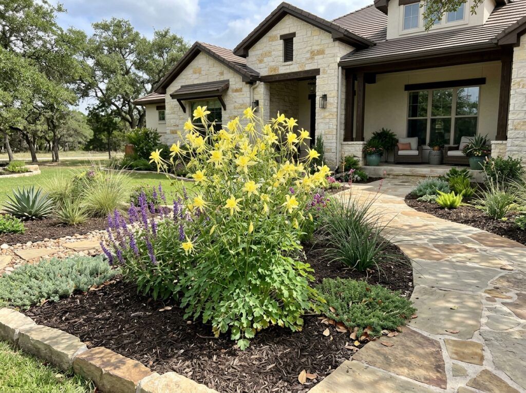 Texas Columbine perennial with red and yellow nodding flowers and green foliage in a garden bed.