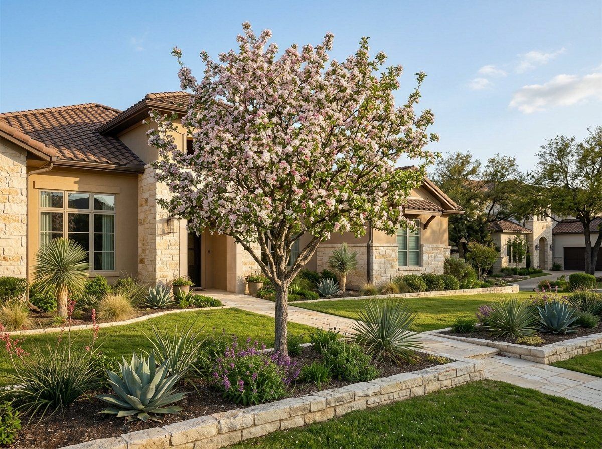 Texas Crabapple tree with white spring blossoms and green leaves in a landscaped yard.