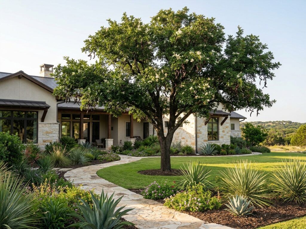 Texas Ebony tree with dense green canopy and twisting trunk in a landscape, shown as a mature specimen.
