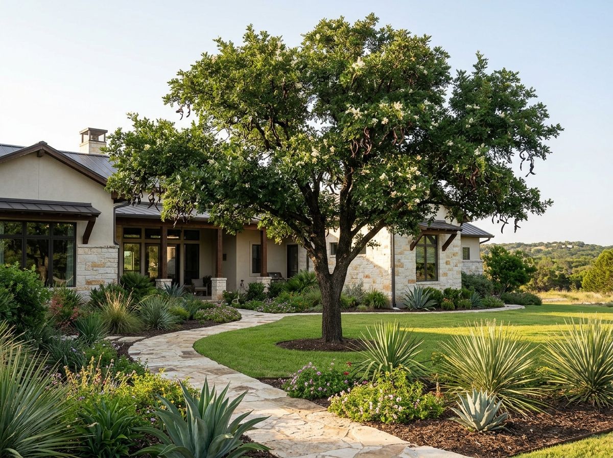 Texas Ebony tree with dense green canopy and twisting trunk in a landscape, shown as a mature specimen.
