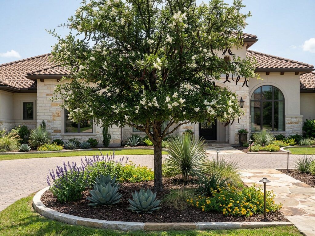 Texas Ebony tree with dense glossy green leaves in a black nursery pot on a light background.