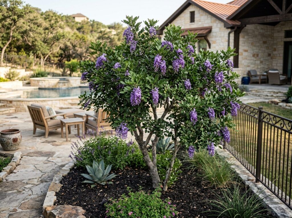 Texas Mountain Laurel shrub with glossy dark green leaves growing in a black nursery container