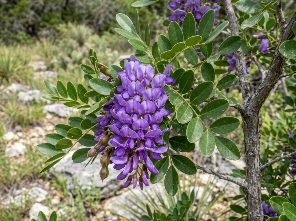 Texas Mountain Laurel shrub in a black nursery pot with glossy green leaves.
