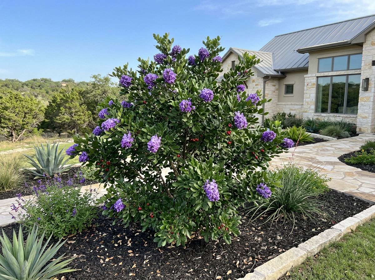 Texas Mountain Laurel shrub with glossy green foliage and purple flower clusters in a landscape setting.