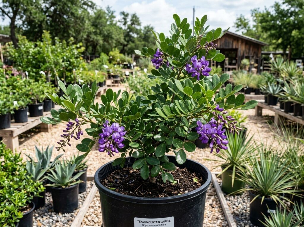 Texas Mountain Laurel shrub in a nursery pot with dense green foliage.