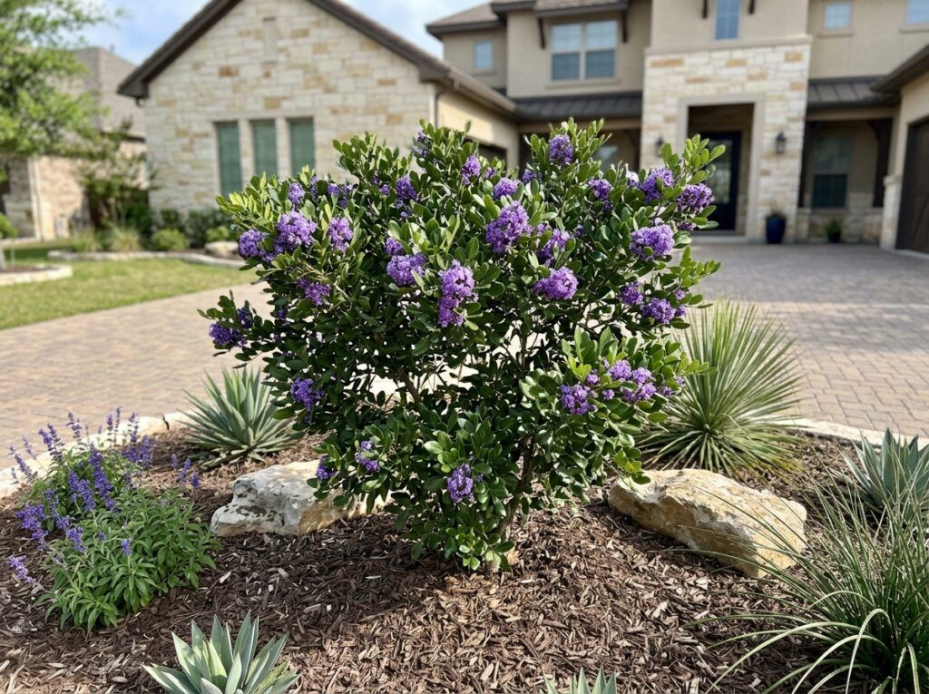 Texas Mountain Laurel tree in a nursery container with glossy green leaves and purple flower clusters.
