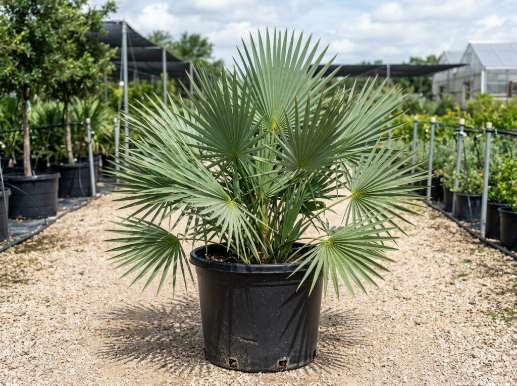 Texas Palmetto palm with fan-shaped green fronds, shown as a young specimen against a plain background.
