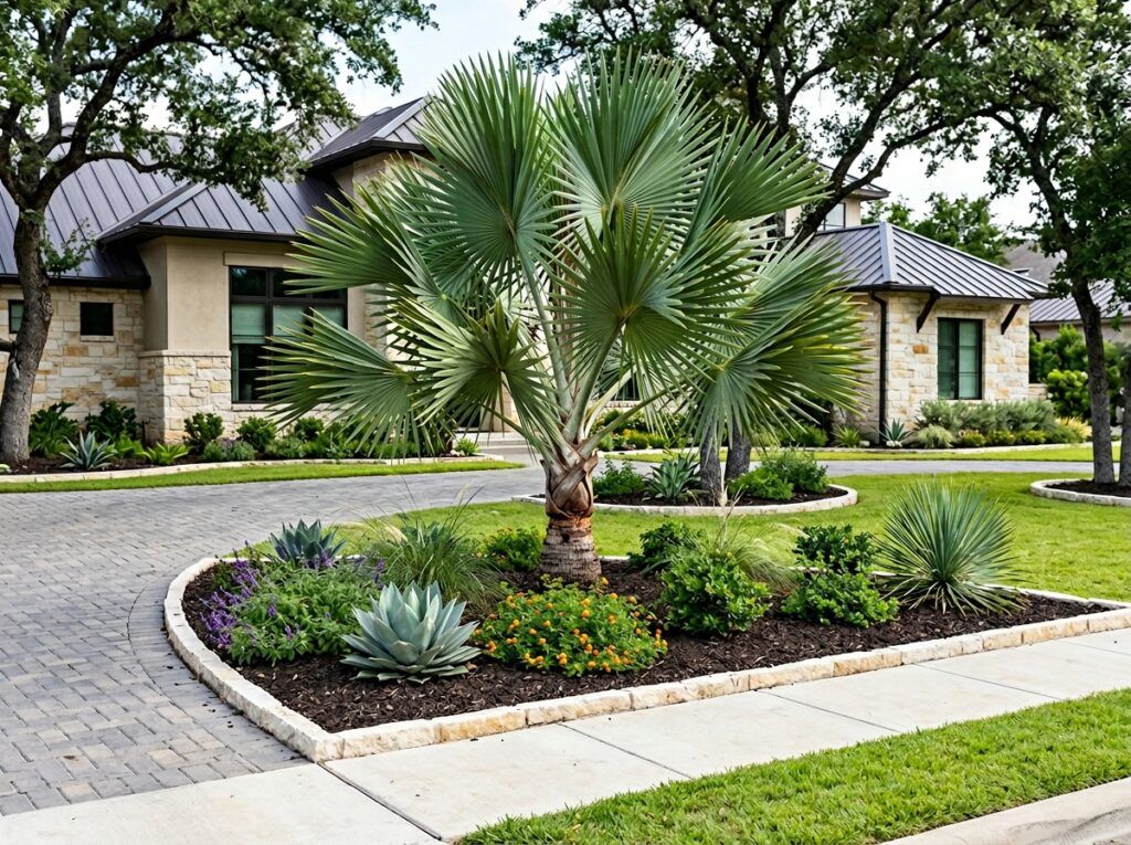Texas Palmetto palm with fan-shaped fronds in a container against a plain background.