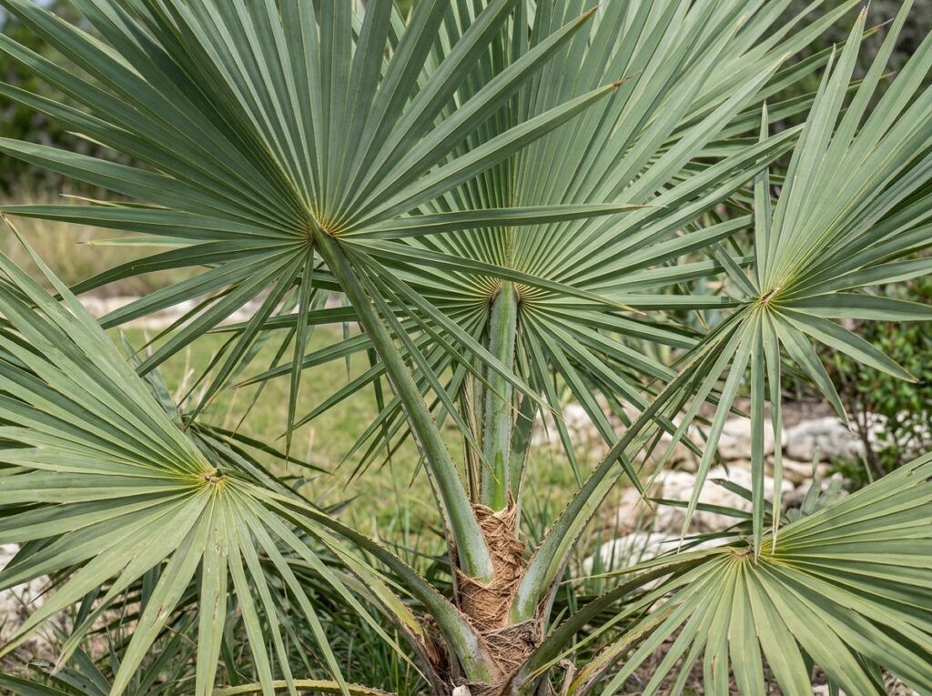Texas Palmetto palm with fan-shaped green fronds in a black nursery container.