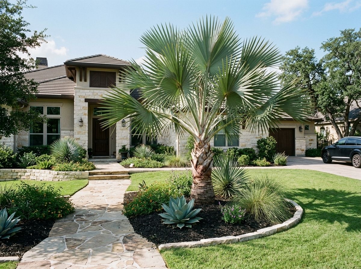 Texas Palmetto palm with a stout trunk and broad fan-shaped green fronds in a landscape.
