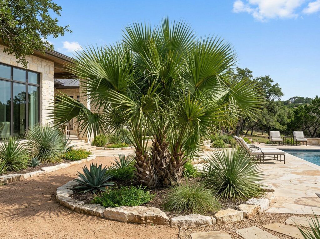 Texas Palmetto palm with stout trunk and green fan-shaped fronds, shown as a single specimen.