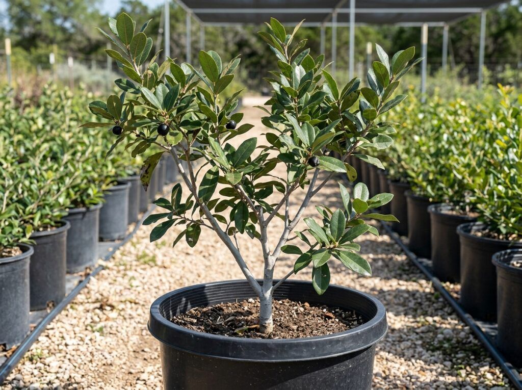 Texas Persimmon tree in a black nursery pot with dense green foliage and smooth gray trunk.