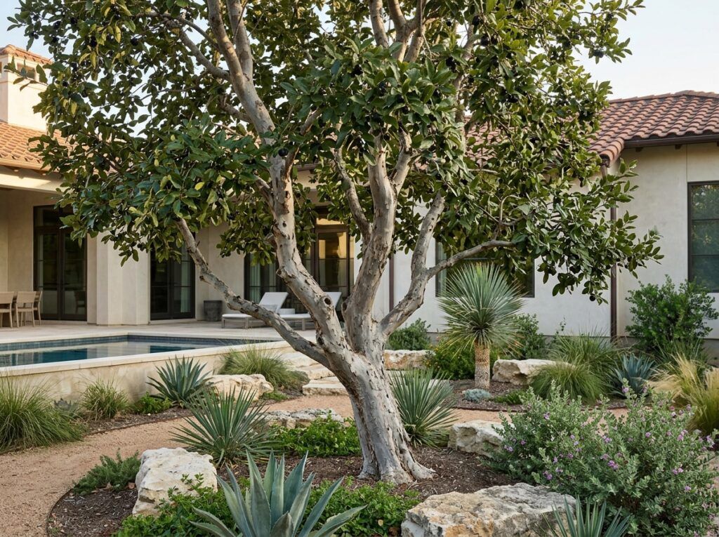 Texas Persimmon tree with dark, twisting trunk and dense green foliage in a landscape setting.