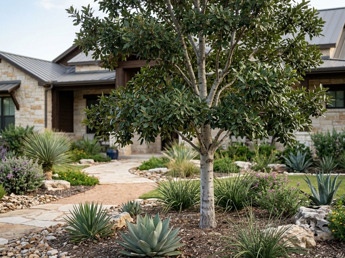 Texas Persimmon tree with dense green canopy and smooth light-gray trunk in landscape.