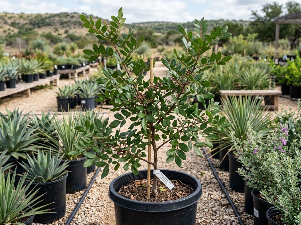 Texas Pistache Mexicana tree in a black nursery container with dense green foliage.