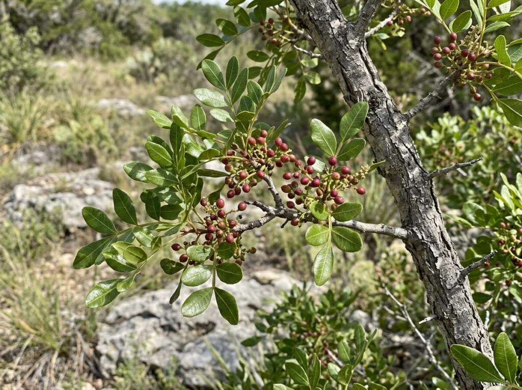 Texas Pistache Mexicana tree in a black nursery pot, showing an upright trunk and dense green foliage.