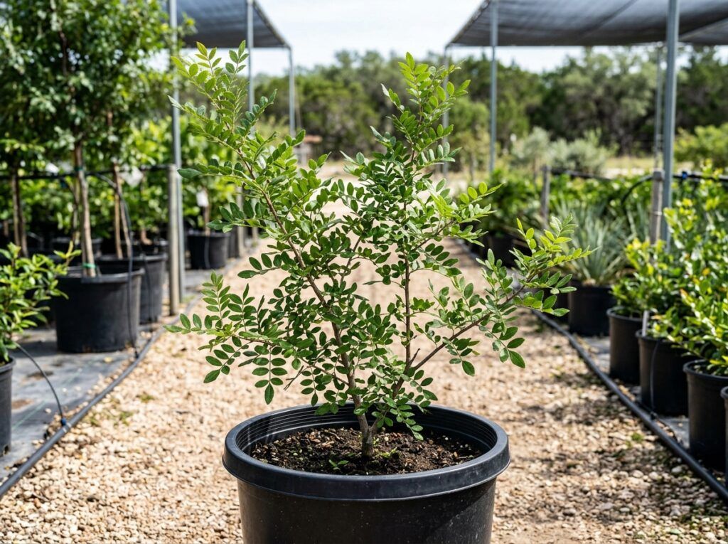 Texas Pistache tree in a black nursery pot, showing dense green foliage and a slender trunk.