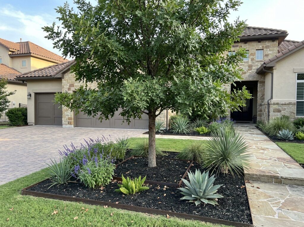 Texas Pistache tree in a black nursery pot, with dense green foliage and branching trunk.