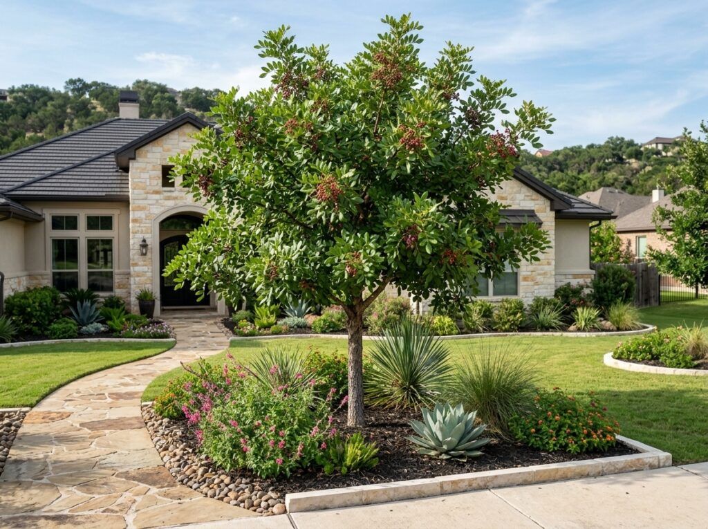 Texas Pistache tree in a black nursery pot, showing a slender trunk and dense green foliage.