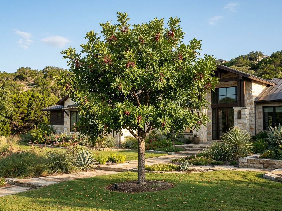 Texas Pistache tree with dense green canopy and slender trunk shown as a mature landscape specimen.