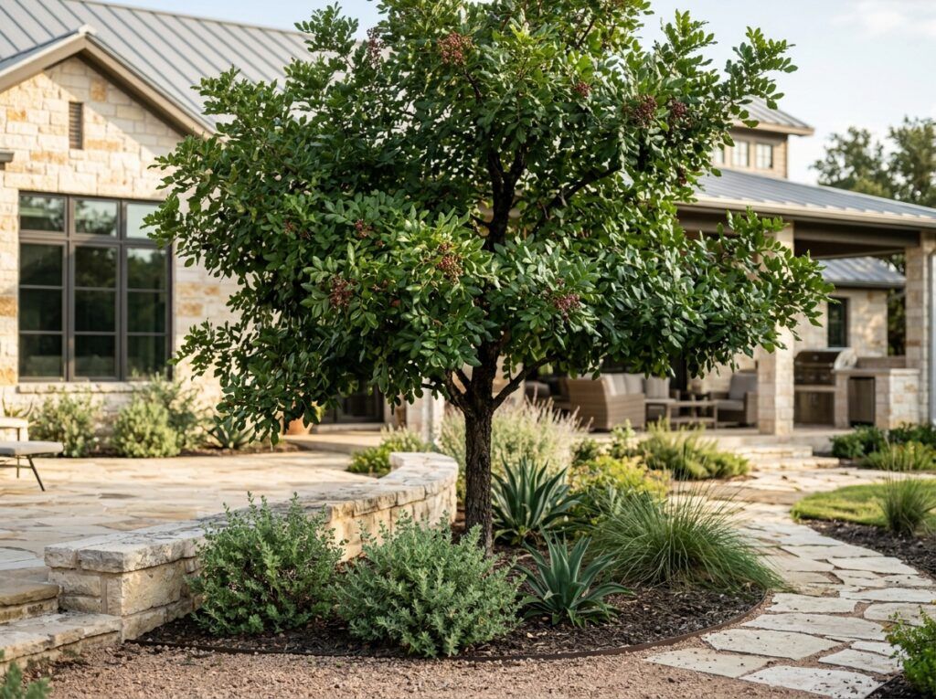 Texas Pistache tree in nursery container with dense green foliage on a slender trunk.
