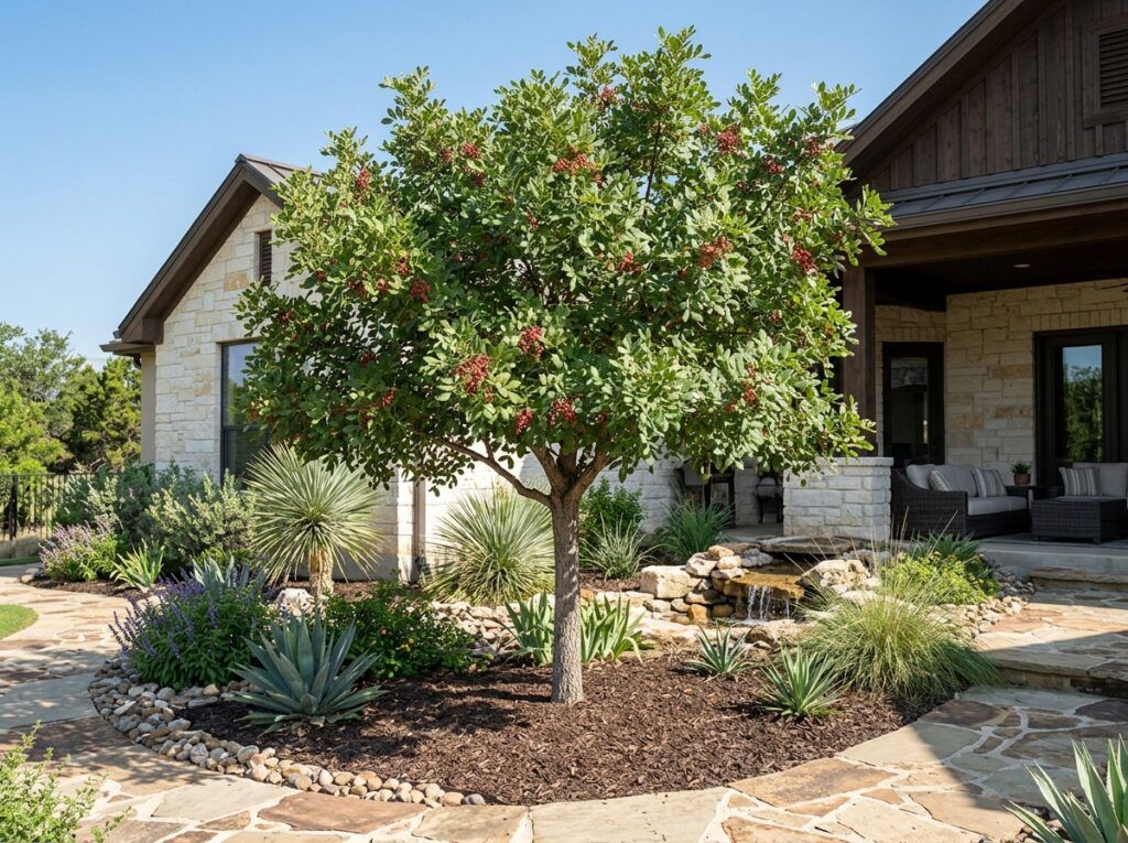 Texas Pistache tree in a nursery container with slender trunk and dense green foliage.