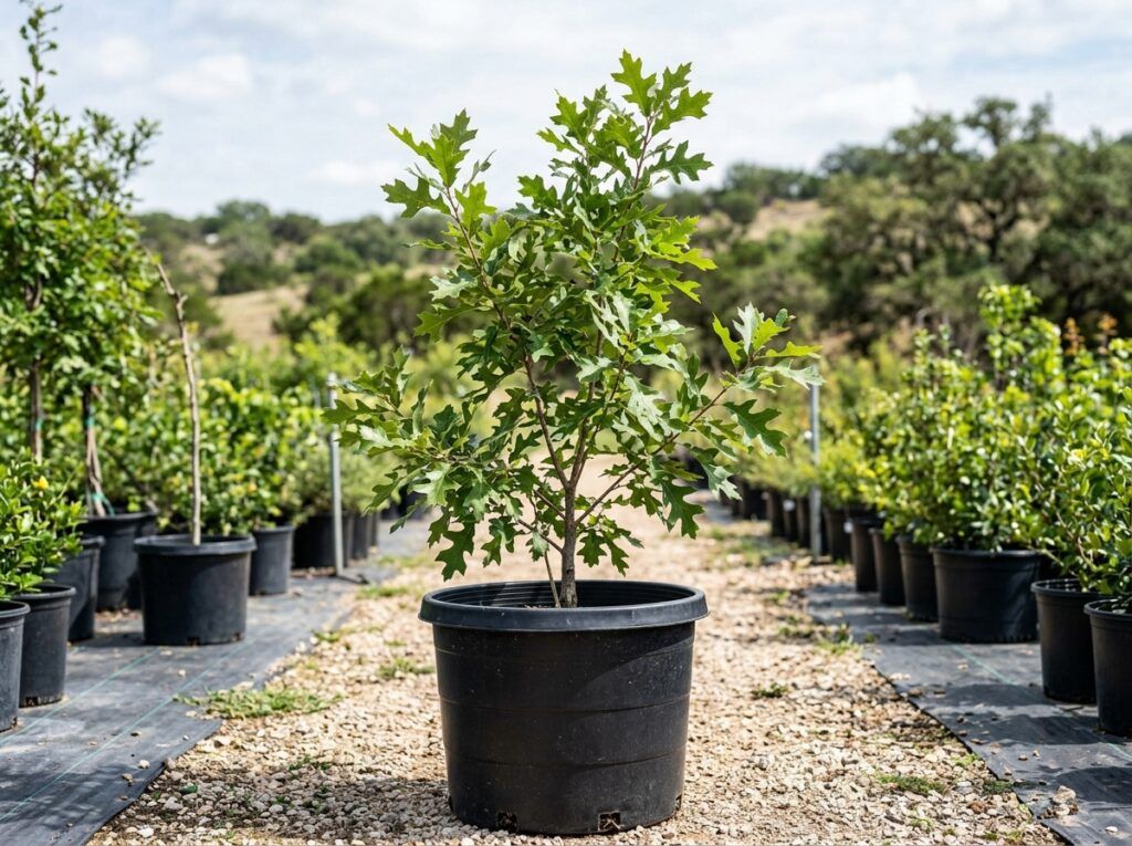 Texas Red Oak tree in a black nursery container with green leaves and a branching trunk.