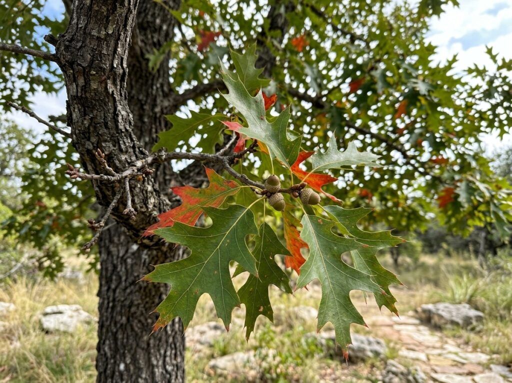 Texas Red Oak tree with dense green canopy and straight trunk, isolated on a white background.