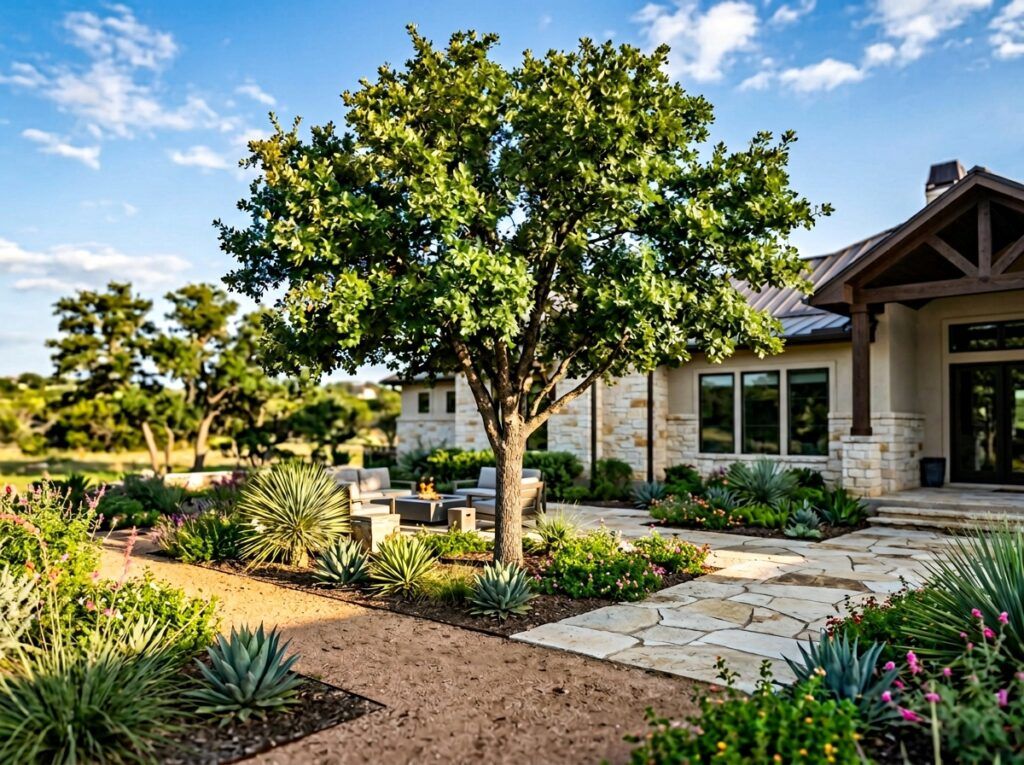 Texas Red Oak tree with a full green canopy and straight trunk, shown as a young specimen.