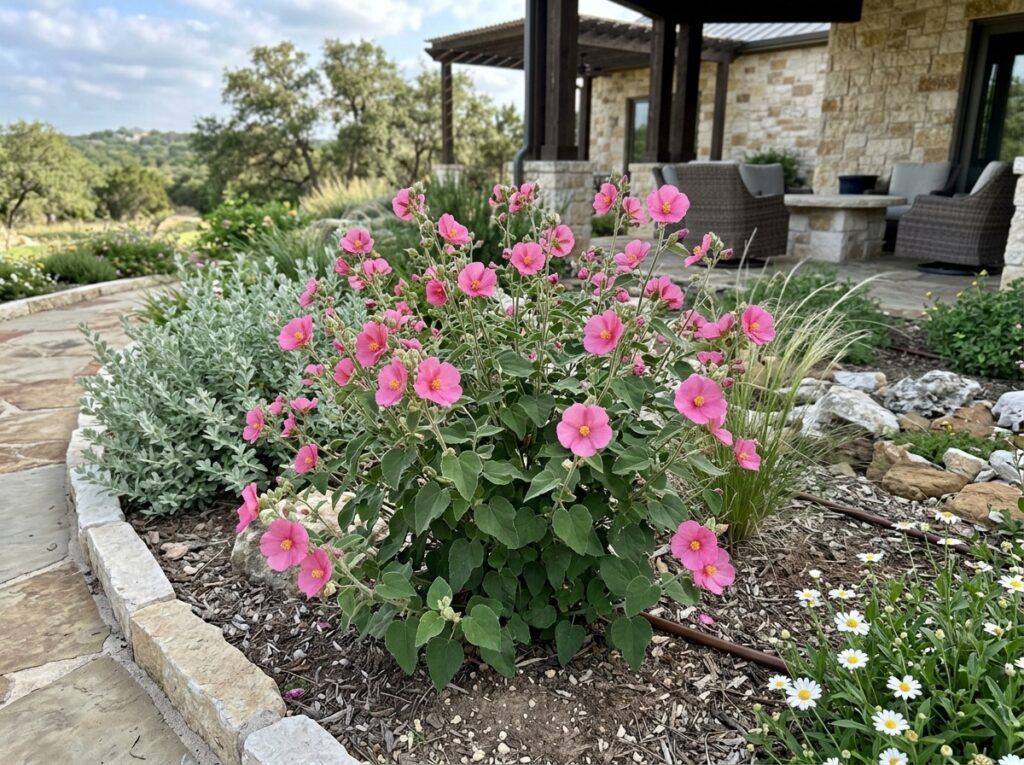 Texas Rock Rose shrub in bloom with pink flowers and gray-green foliage in a container