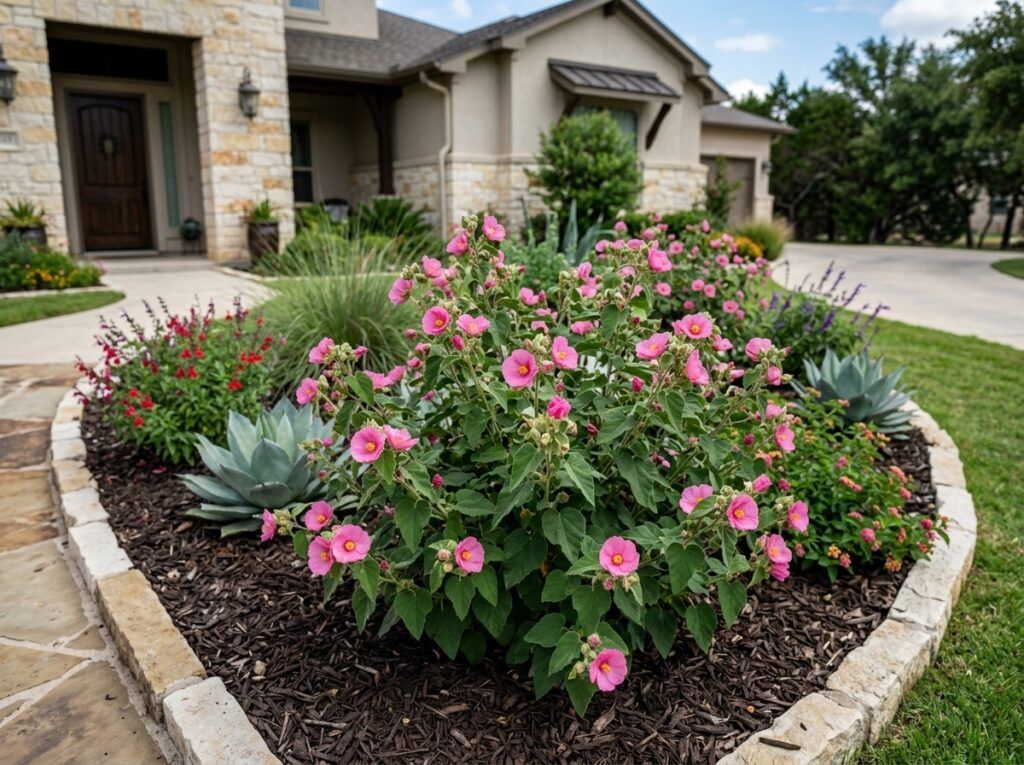 Texas Rock Rose shrub in a nursery pot, with green foliage and bright pink blooms.