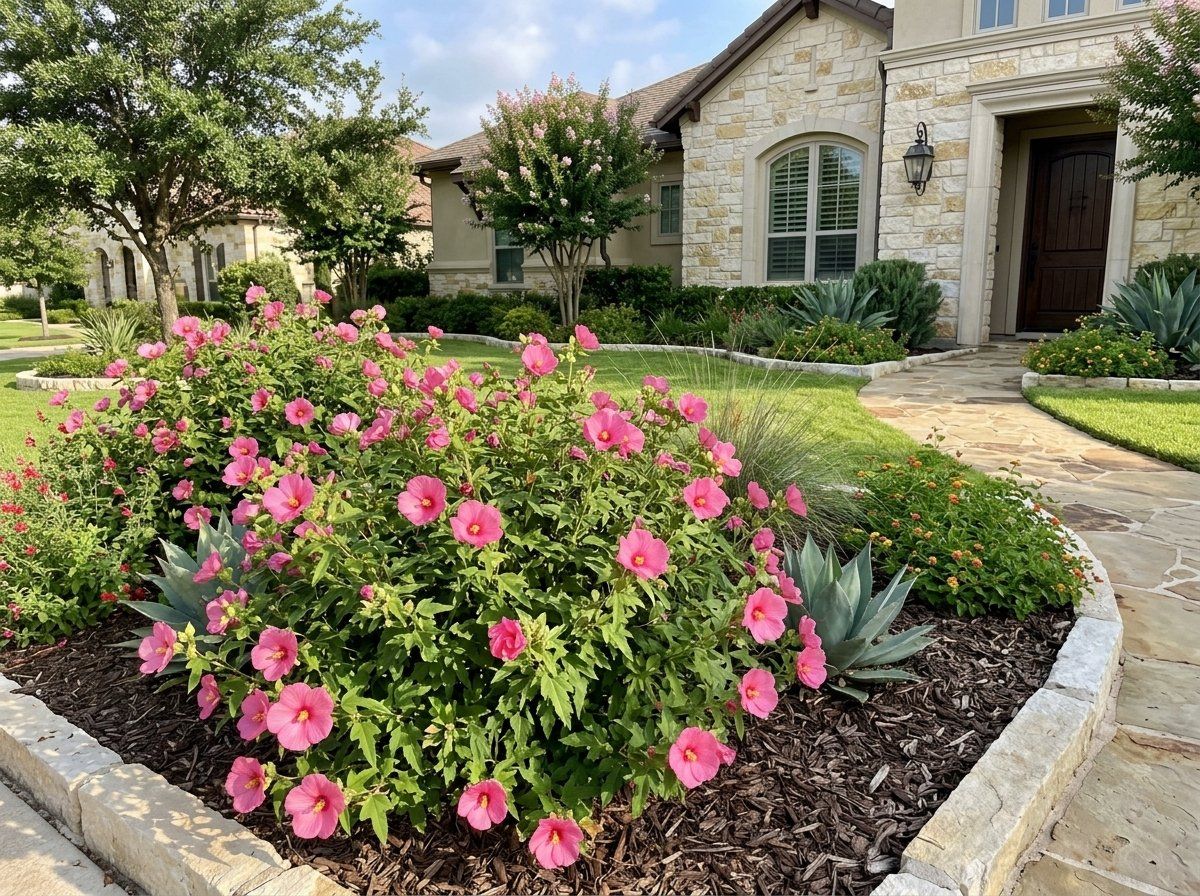 Texas Rock Rose shrub with pink blooms and gray-green foliage in a landscape bed.