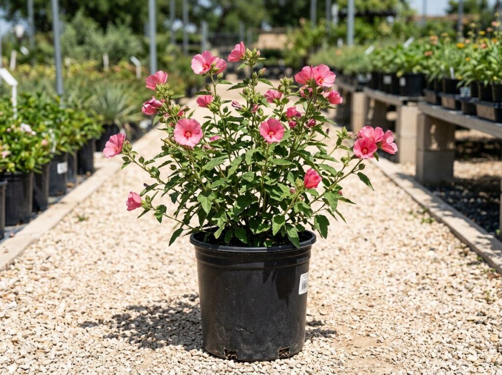 Texas Rock Rose shrub with pink flowers and gray-green foliage in a nursery pot.