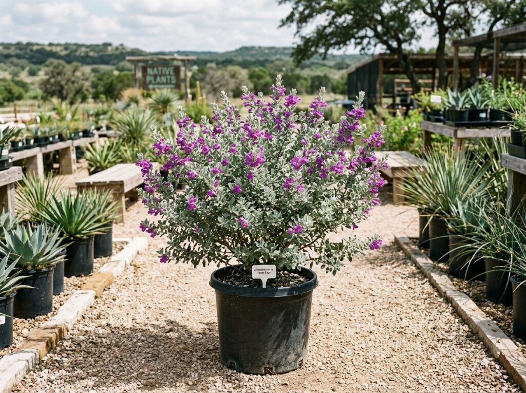 Texas Sage shrub in a nursery pot with silvery-green foliage and purple blooms.