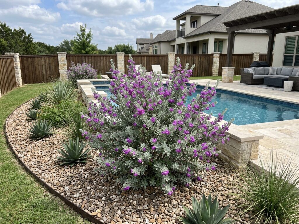 Texas Sage shrub with silvery-green foliage and purple blooms in a black nursery pot.