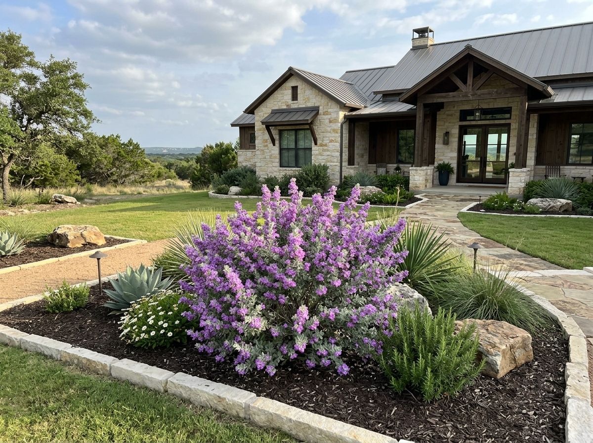 Texas Sage shrub with silvery green foliage planted in a landscape bed along a walkway.