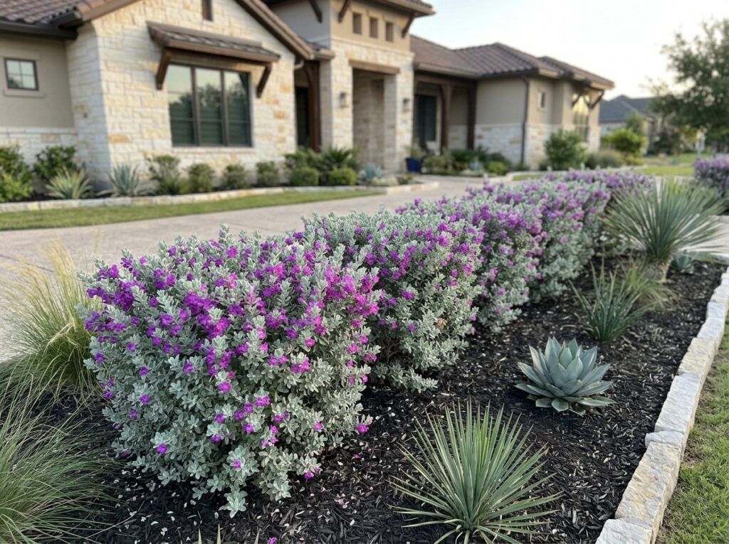Texas Sage shrub with silvery-gray foliage and purple blooms growing in a landscape bed.
