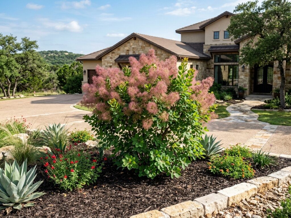 Texas Smoke Tree tree with dense green foliage growing in a black nursery container.