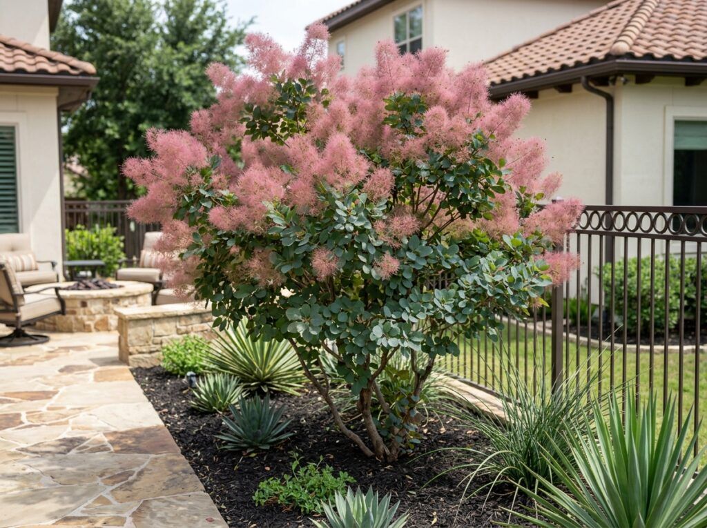 Texas Smoke Tree tree in a nursery pot, showing branching form with silvery green leaves and new growth.