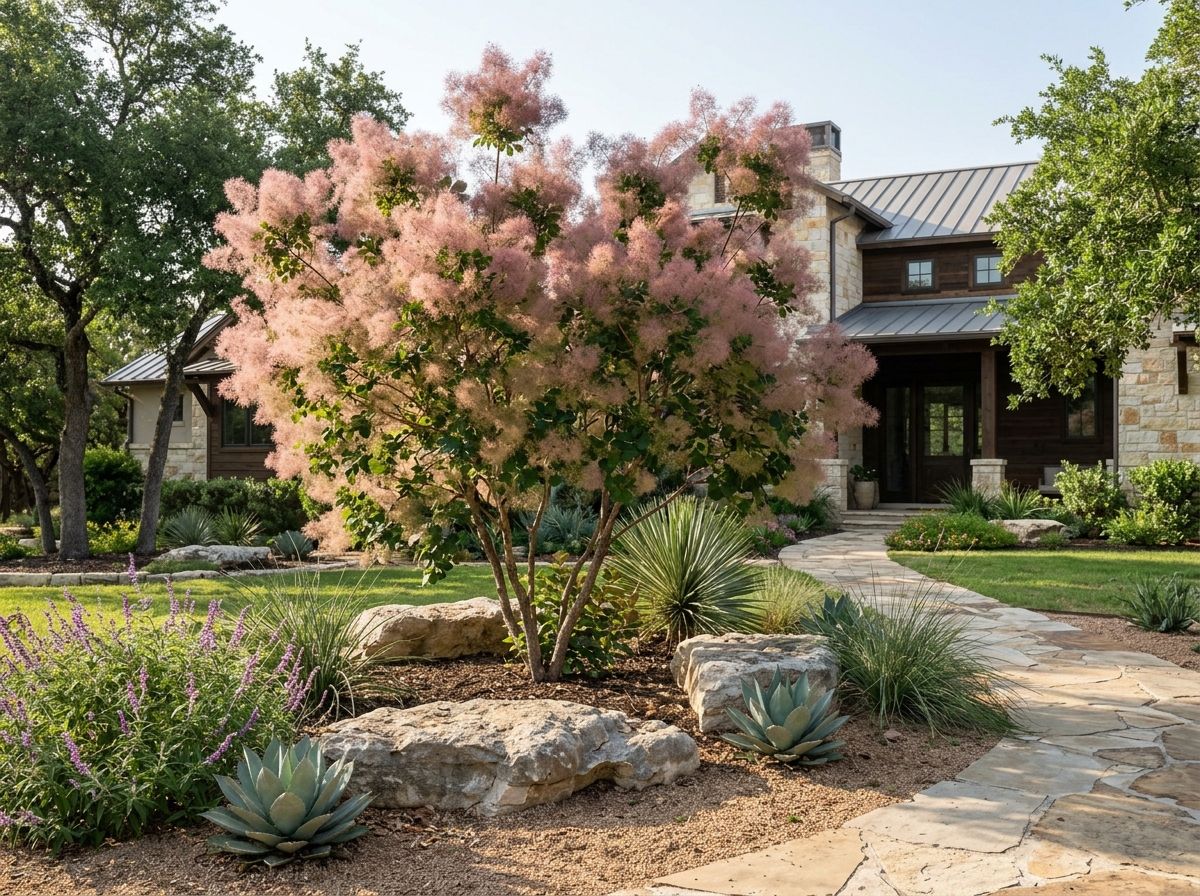 Texas Smoke Tree tree with airy pink-purple smoke-like blooms and green foliage in landscape