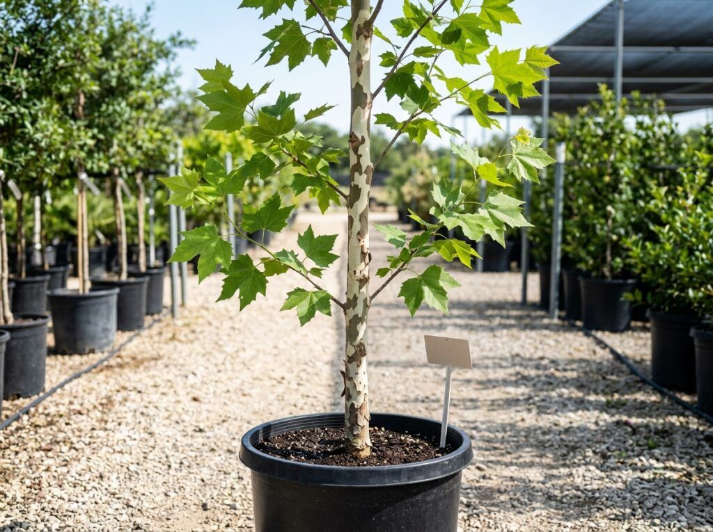 Texas Sycamore tree with broad green canopy and mottled trunk, shown as a mature specimen.