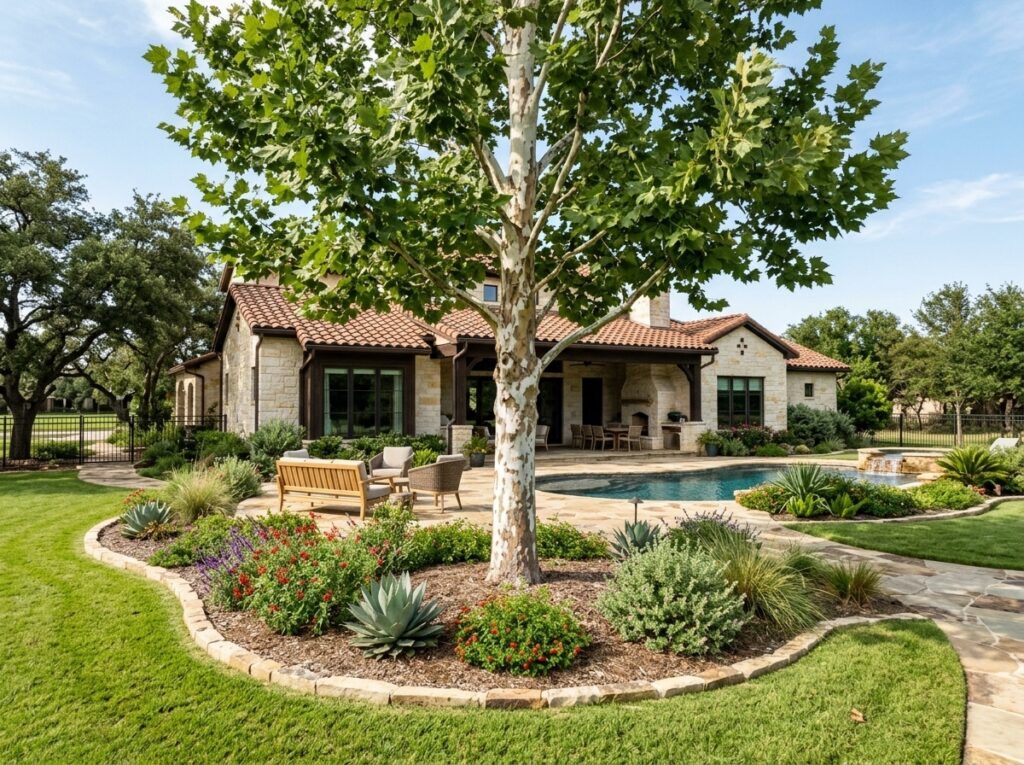 Texas Sycamore tree with broad green canopy and pale mottled trunk in landscape.