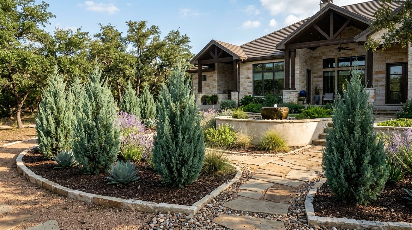 Traditional landscape project in Helotes featuring rocky mountain junipers installed in a natural hill country setting